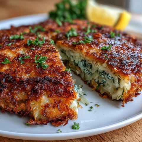 Golden-brown cabbage schnitzel slices, crispy and tender, served with fresh parsley and lemon wedges for a satisfying vegetarian main.