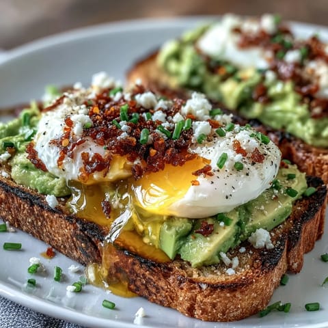 Creamy smashed avocado and poached egg on toasted sourdough, topped with a generous drizzle of fragrant chili crisp for a spicy, satisfying breakfast.