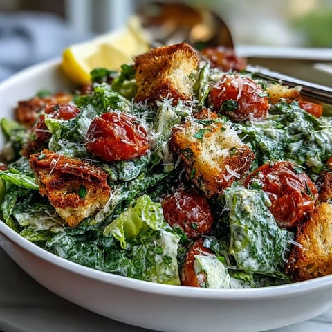 A vibrant Tahini Caesar Salad with crisp romaine, juicy cherry tomatoes, and crunchy croutons tossed in creamy tahini-lemon dressing.  