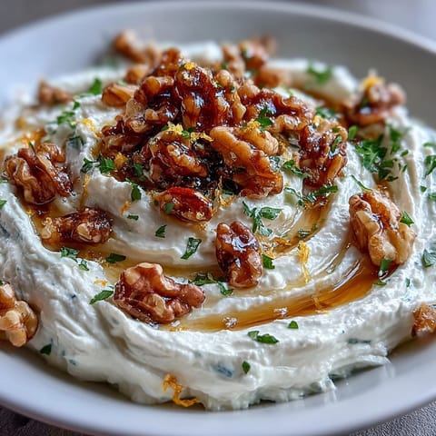 Creamy whipped feta dip with golden honey, crunchy walnuts, and fresh herbs, perfect for serving with warm pita bread.