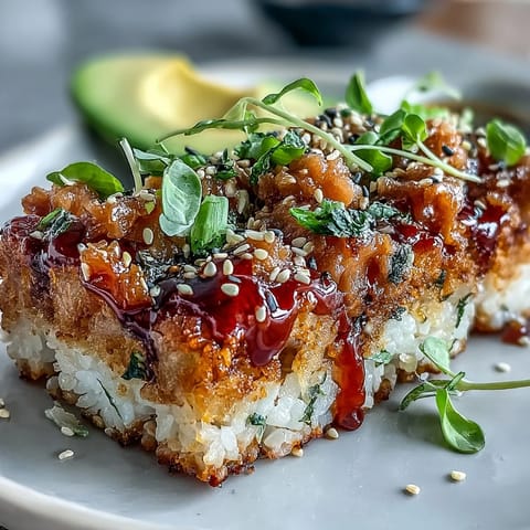 Golden, crispy rice squares topped with spicy tuna and creamy avocado for a restaurant-quality appetizer.