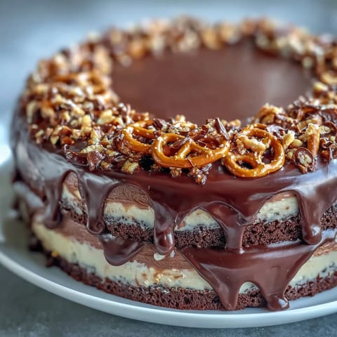 Decadent Father's Day Chocolate Peanut Butter Pretzel Cake with dripping ganache.
