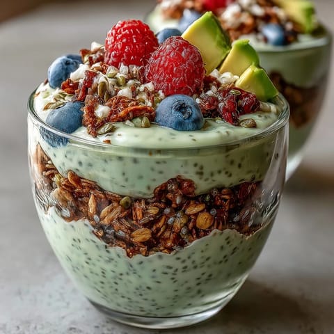 Creamy fiber-rich avocado chia pudding parfait layered with vibrant berries and crunchy granola.
