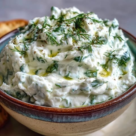 Vibrant skyr tzatziki dip, boasting fresh dill and crisp cucumber, perfect with pita.