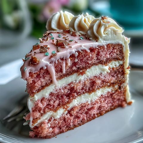 Delicate rosé velvet cake with luscious cream cheese frosting and shimmering gold accents.