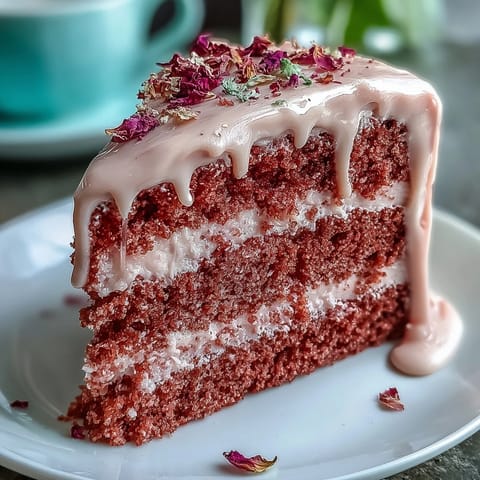Blush-pink Bridal Shower Rosé Velvet Cake with elegant gold drip.
