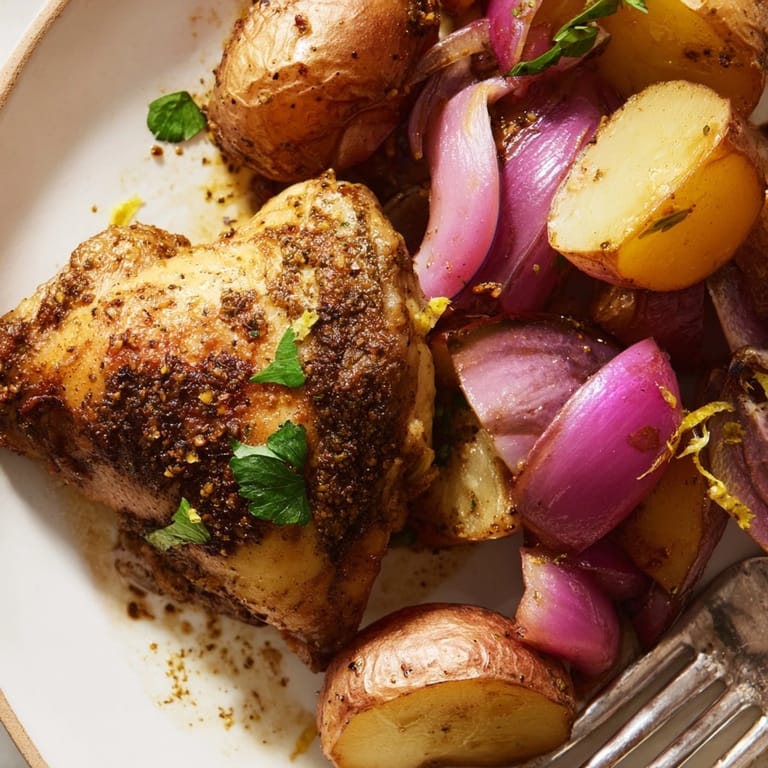 A close-up shows tender Sheet Pan Zaatar Chicken, skin glistening, nestled among roasted potatoes.