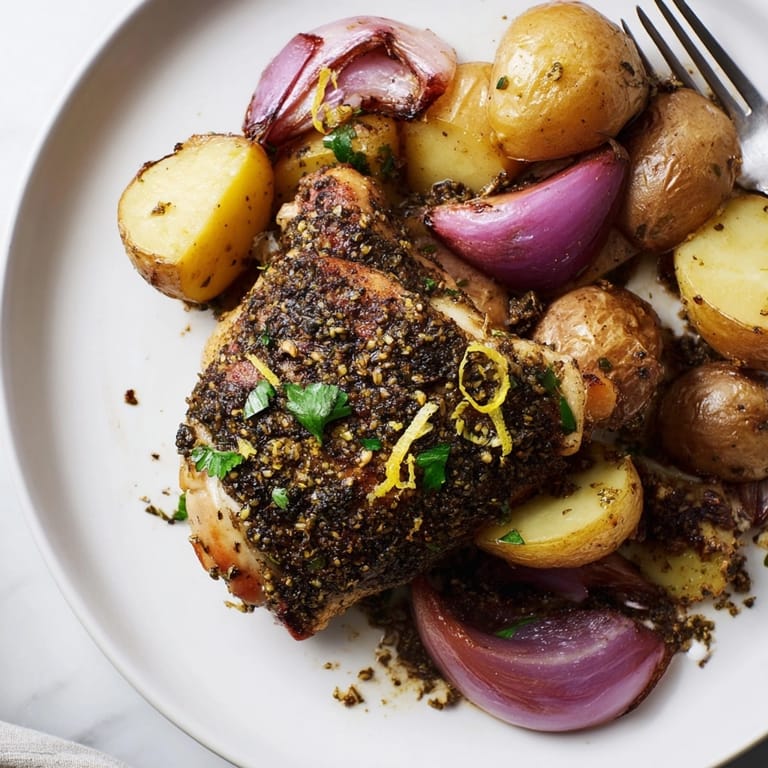 Savory Sheet Pan Golden Zaatar Chicken and potatoes ready to serve with zesty lemon garnish.