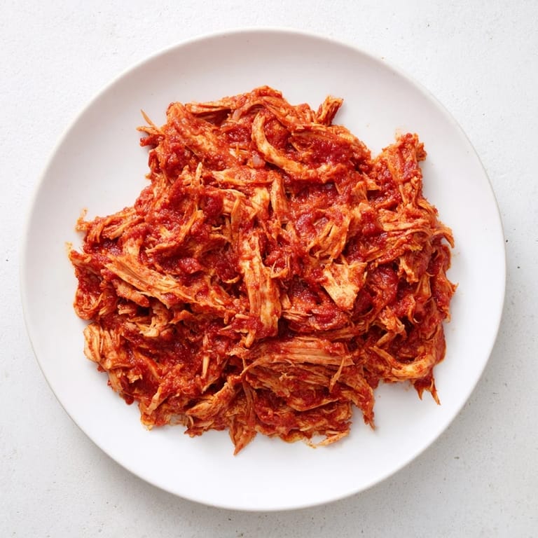 Tender Slow Cooker Salsa Chicken, glistening with salsa juices, piled high on a plate and ready to eat.