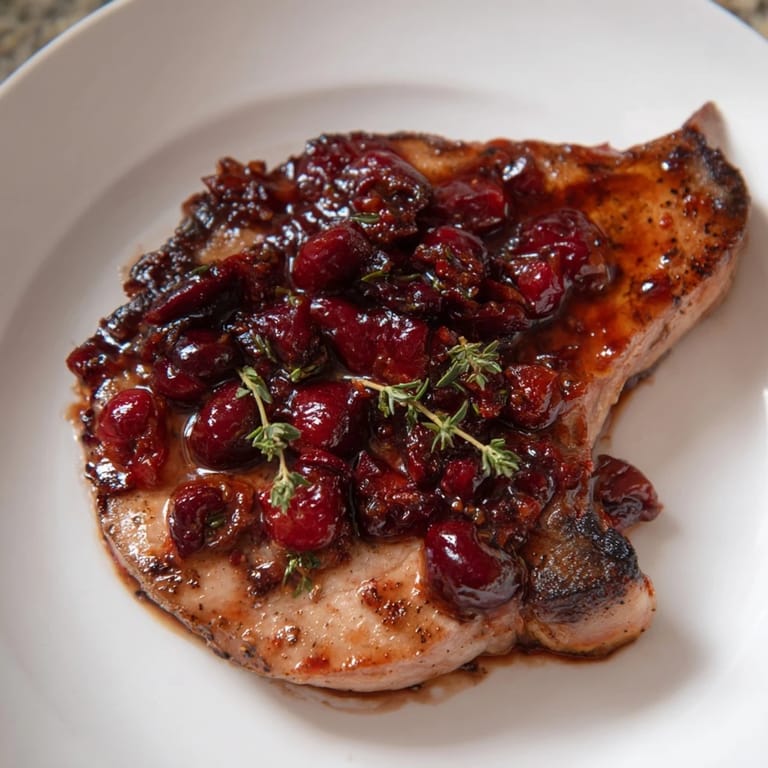 Close-up of tender Cherry-Date Glazed Pork Chops, beautifully plated with rich, savory sauce.