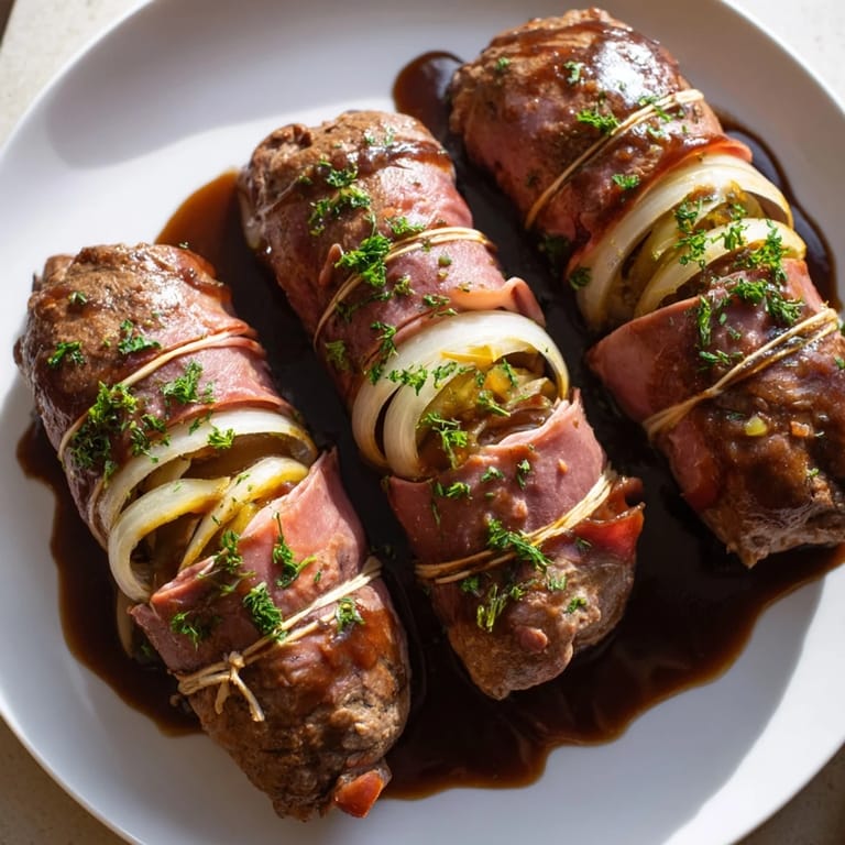 Close-up of air-fried Rouladen rolls, showing the crispy outside and savory filling, ready to serve on plate.