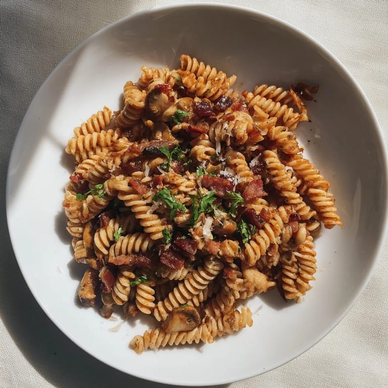 Close-up of a flavorful fusilli with bacon, onions, and mushrooms; a quick, easy, and delicious meal.