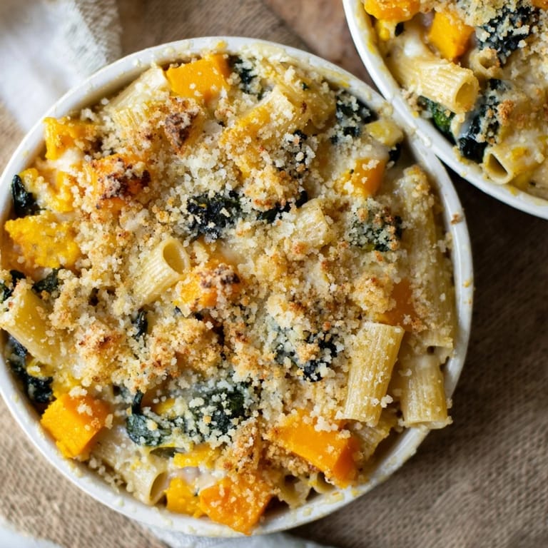 A close-up of a creamy Butternut Squash Pasta Bake, perfect for a cozy weeknight dinner.