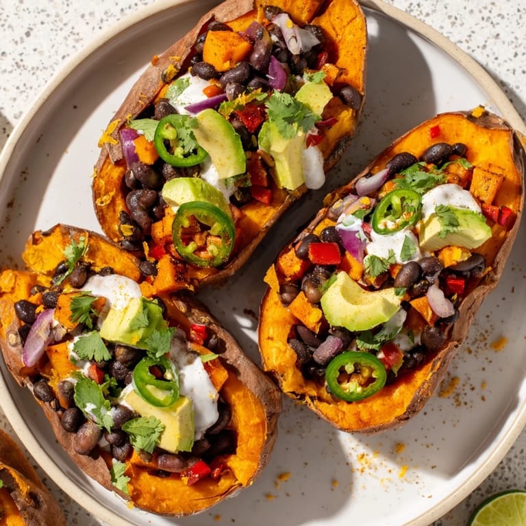 A close-up of fully loaded baked sweet potatoes with vibrant toppings, perfect for a satisfying, vegetarian meal.
