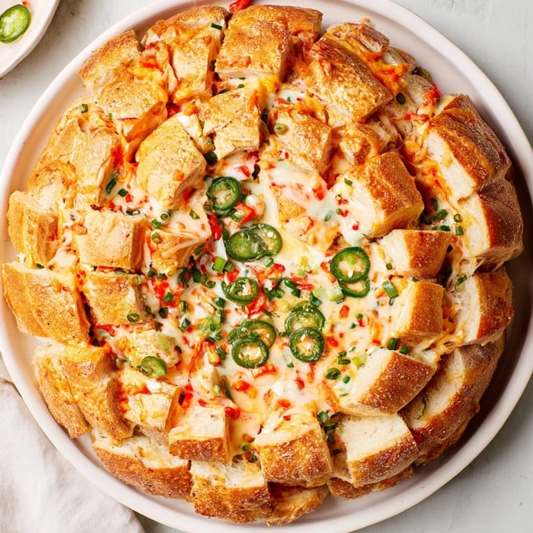 Close-up of a shareable Pimento Cheese & Jalapeño Pull-Apart Grilled Cheese showing gooey cheese and spicy jalapeños.