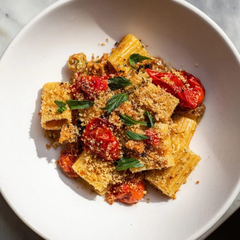 A close-up shot of the Baked Goat Cheese Snowflake Tomato Basil Pasta, ready to serve and enjoy.