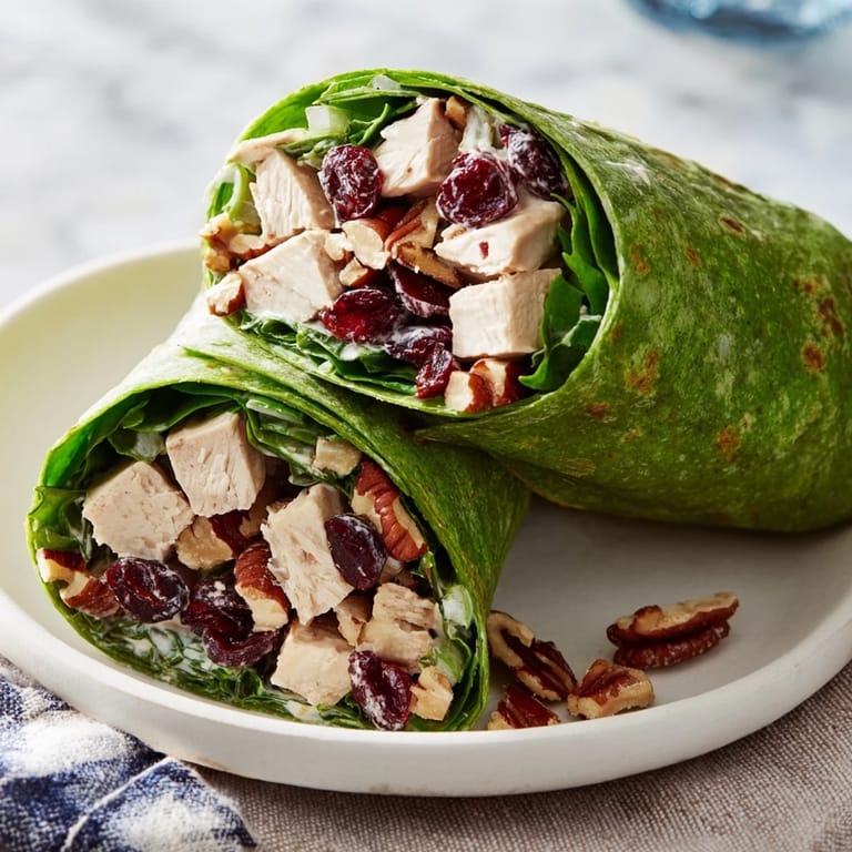 Spinach-filled Cranberry Pecan Chicken Salad Christmas Wrap, perfect for a holiday lunch served on a plate.