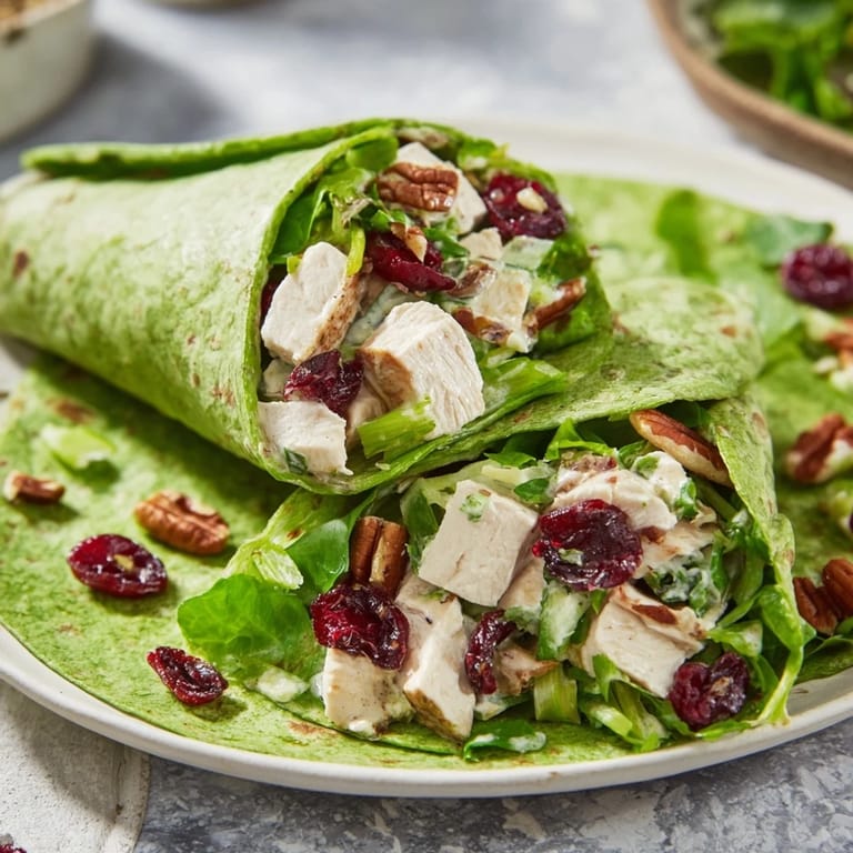 A close-up of a delicious Cranberry Pecan Chicken Salad Christmas Wrap, ready to eat.