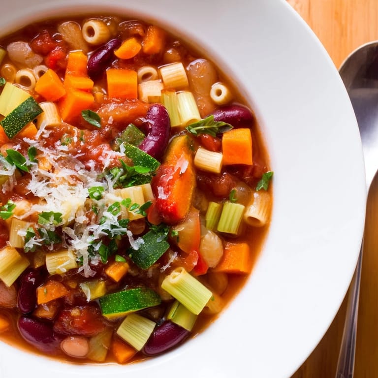 Close-up of a steaming bowl filled with the colorful Veggie-Packed Minestrone Christmas Pasta Pot and crusty bread.