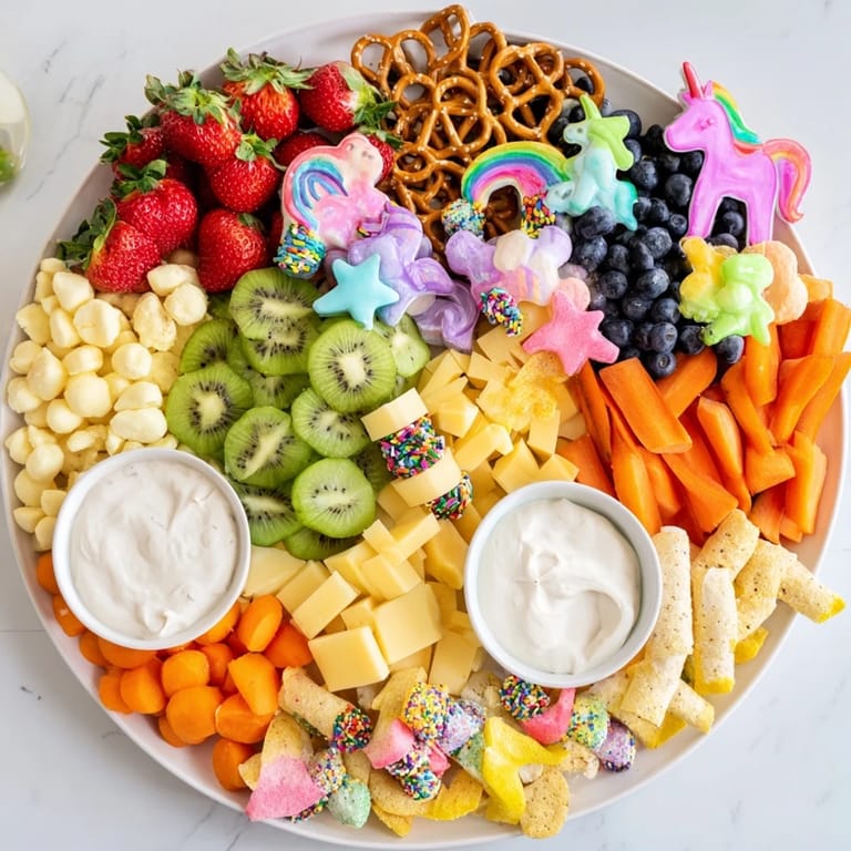 Vibrant Unicorn Party Platter: imagine fresh fruit rainbows, cheese cubes, and unicorn candies galore.