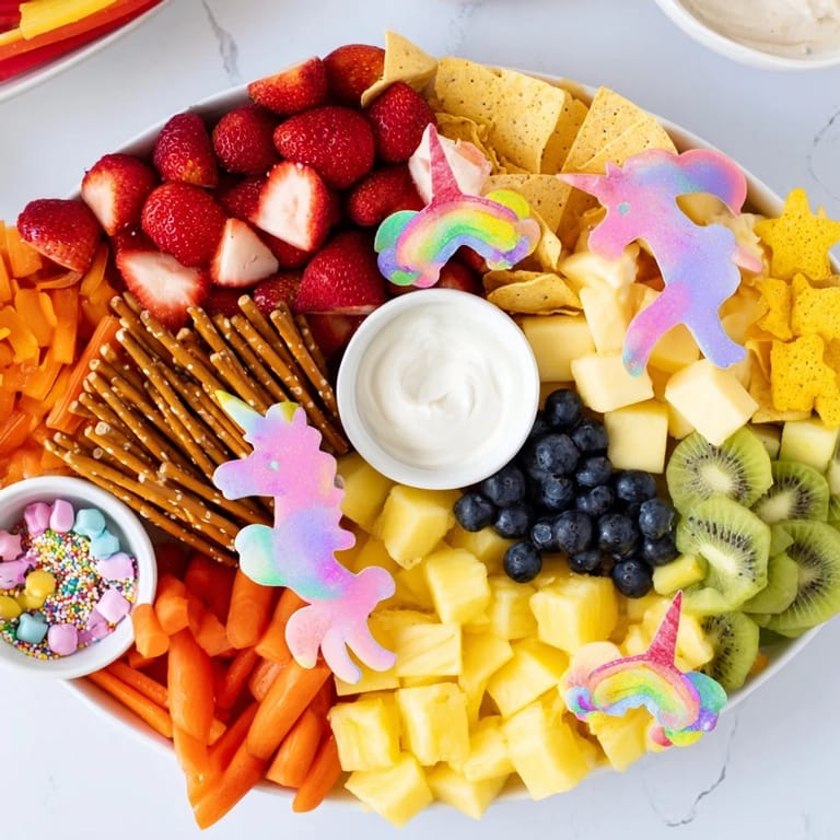 A delightfully arranged Unicorn Party Platter, perfect for a celebration, ready to be enjoyed!
