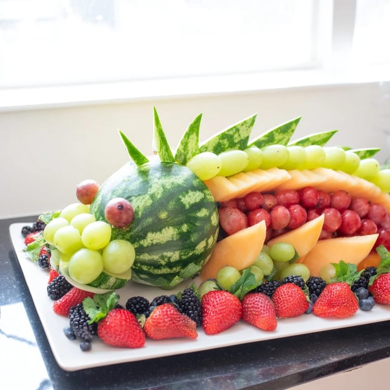 Eye-catching dragon fruit tray, perfect arrangement of fresh honeydew, cantaloupe, and berries for celebration.