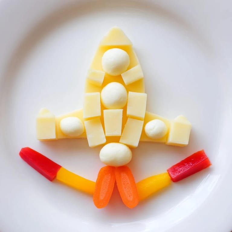 A fun-filled kids' Blast Off Spaceship Snack Board displaying fresh fruit and cheese for space-themed enjoyment.