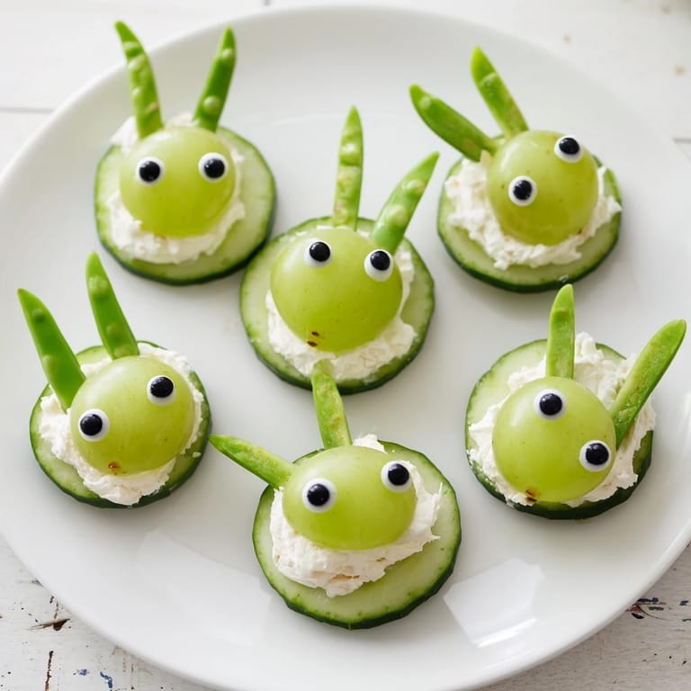 Cute, edible Little Green Men Alien Snack Attack: fun green alien faces with olives, pretzel arms, and candy eyes.