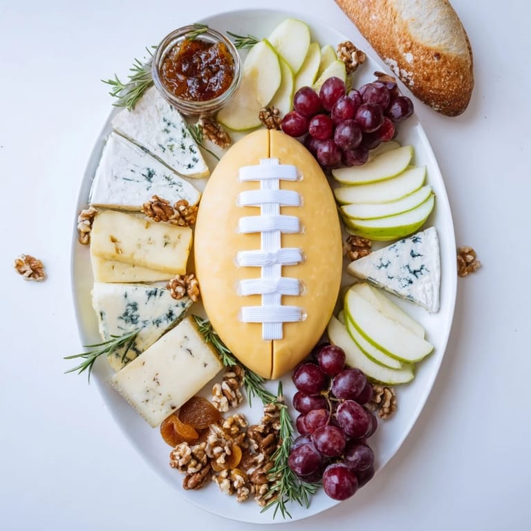 Enjoy the delicious, visually appealing Rugby Ball Cheese Board with a selection of cheeses and crackers.