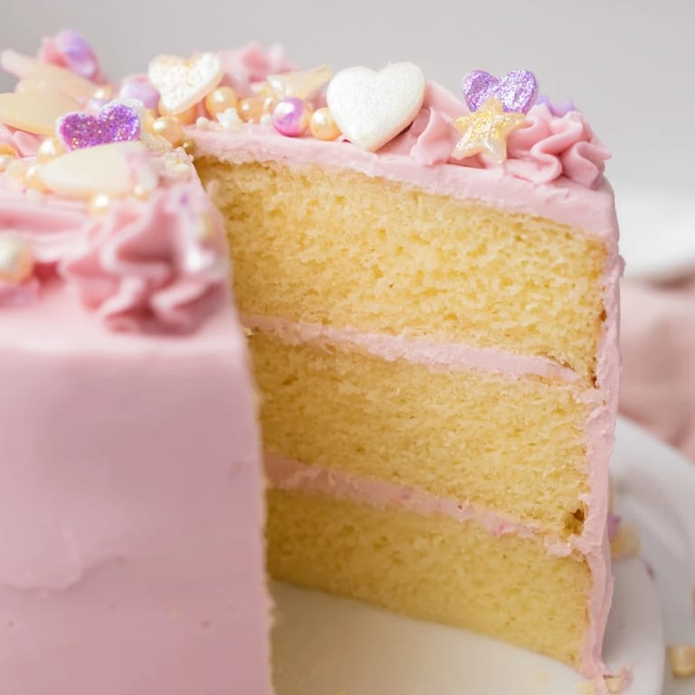 This exquisite Château de Princesse Cœurs et Étoiles celebration cake features heart decorations and a delicious buttercream frosting.