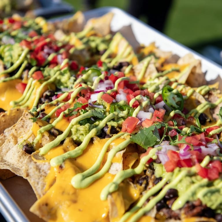 Melted cheese blankets tortilla chips on a Football Field Nacho Platter, a Tex-Mex delight.