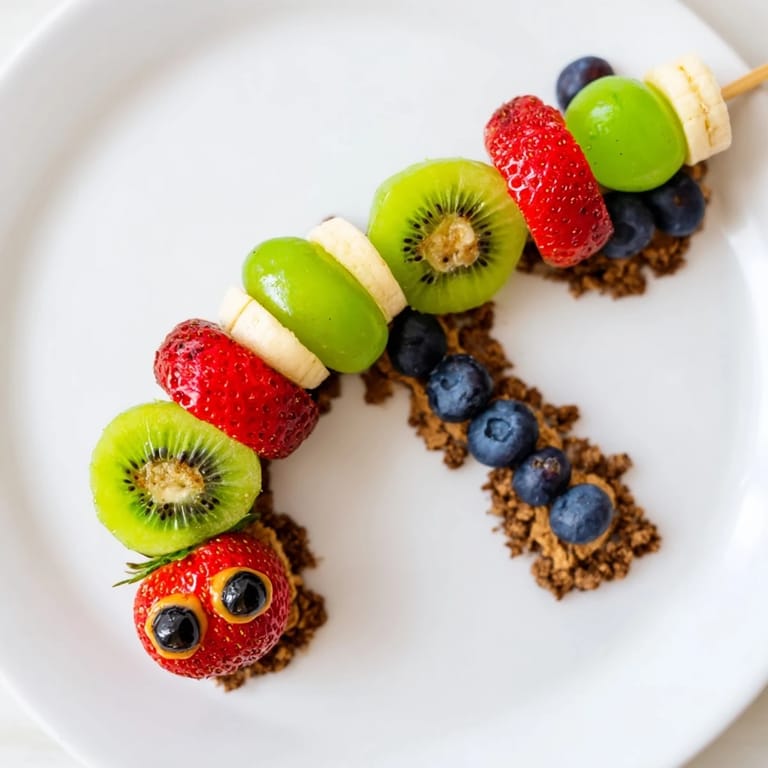 Enjoy a healthy Caterpillar Fruit Skewer on a cookie "track"; perfect child-friendly snack idea for parties.