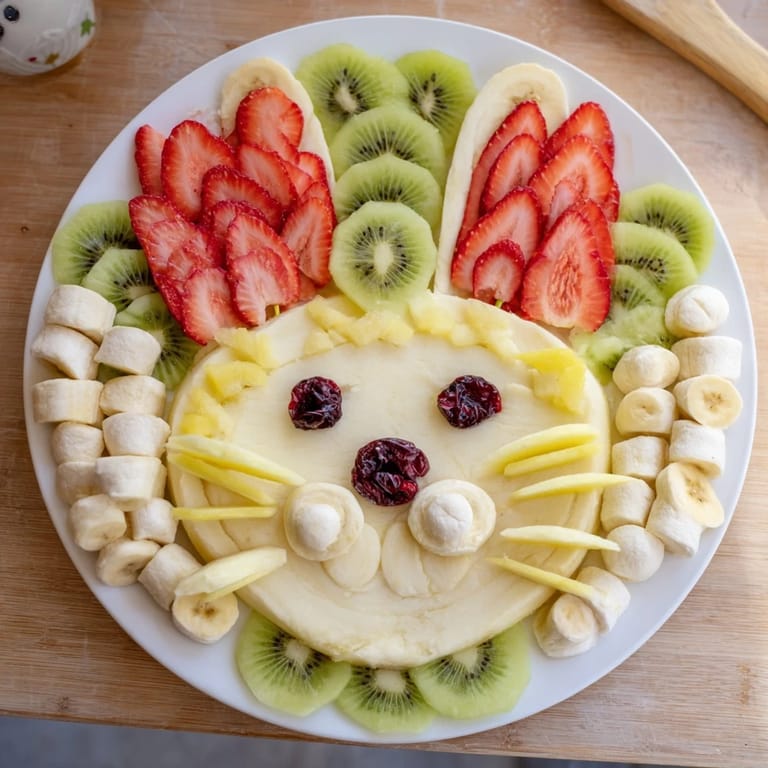 A colorful Bunny Face Fruit Salad Platter boasts kiwi ears, strawberry features, and a sweet, fruity nose.