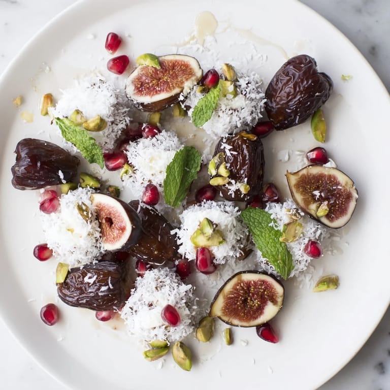 Vibrant Winter Fruit Platter: Figs, dates, and snowy coconut, drizzled with honey, ready to serve.