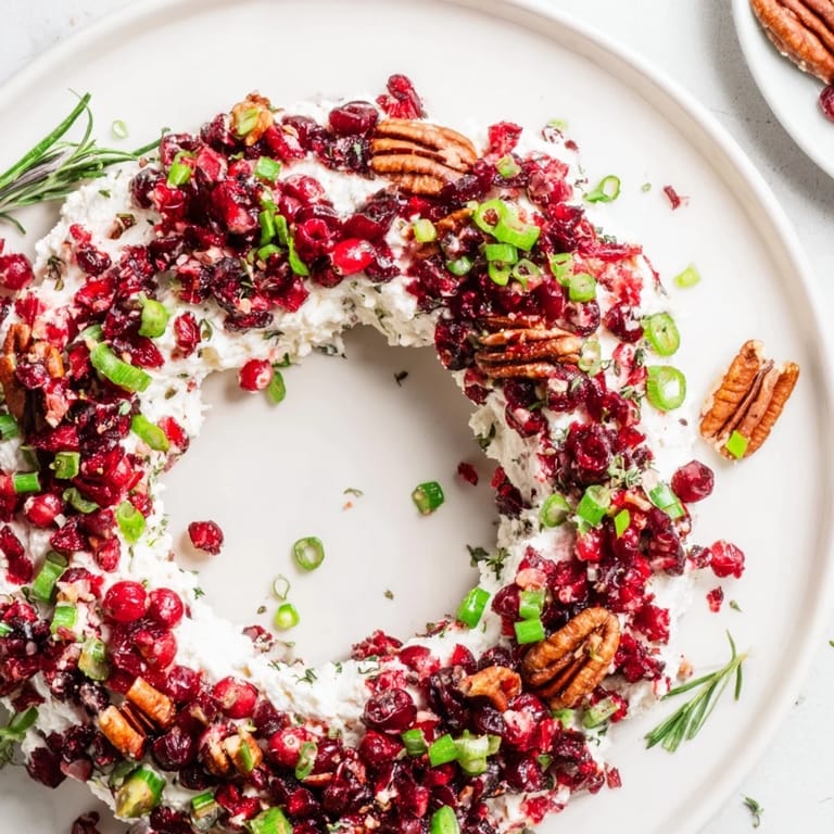 Creamy feta dip wreath topped with vibrant cranberry mixture, ready to be served with crackers.