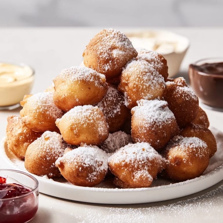 Freshly fried donut holes coated in powdered sugar form a tempting mountain on a serving plate.