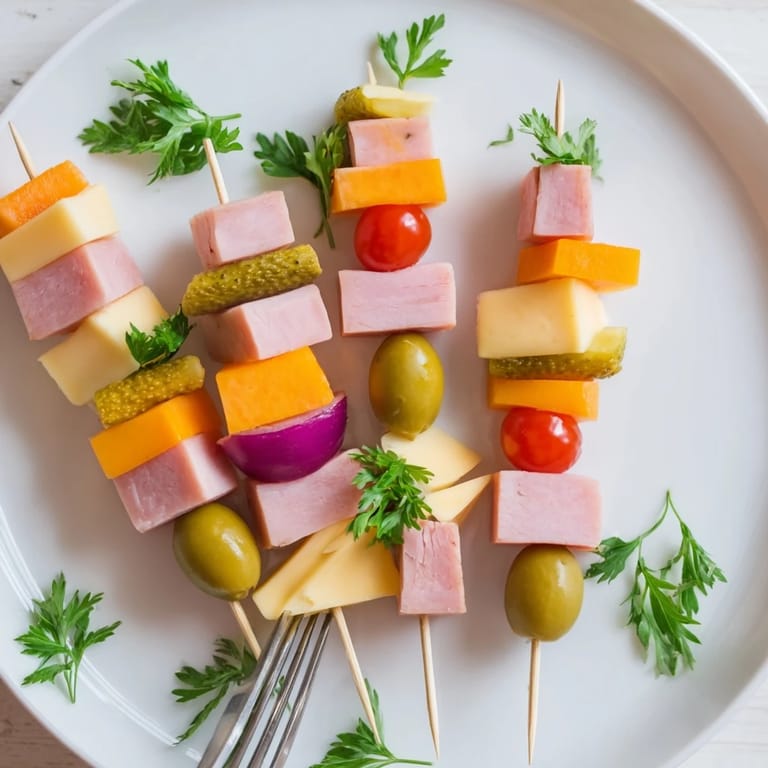 These Savory Skewers showcase tender ham and turkey paired with creamy cheese and tangy pickles, ready to eat!