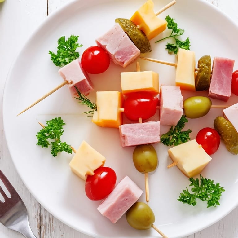 Bright cherry tomatoes and green olives complement these Savory Skewers, a perfect appetizer platter.