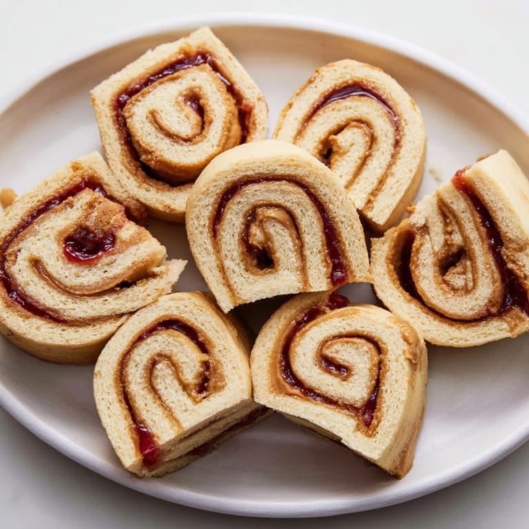 Close-up of freshly cut, delicious peanut butter and jelly pinwheel rolls, ready for a kid's lunch.