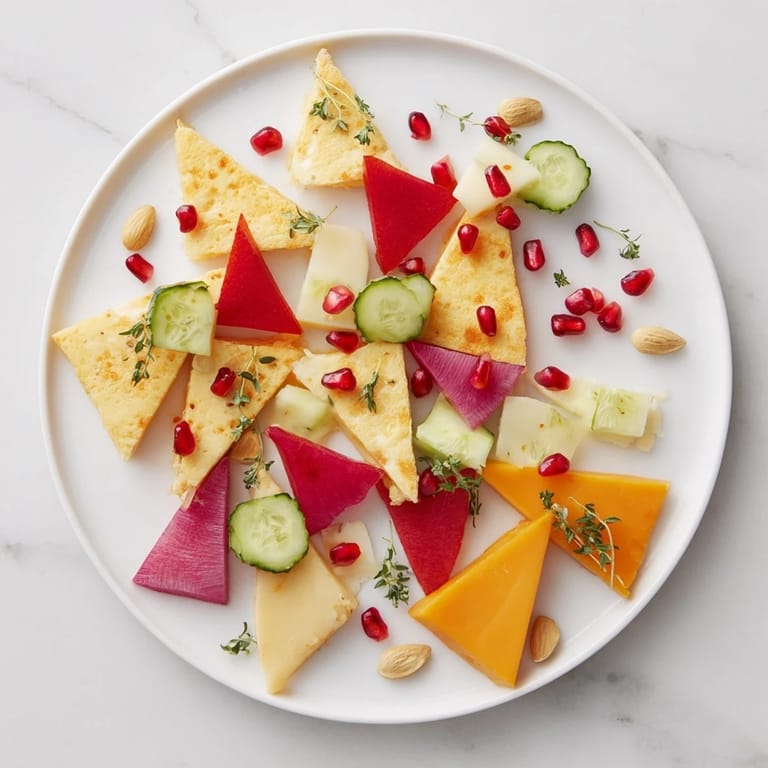 An impressive The Tessellation Triangle grazing board, ready to be enjoyed with flavorful ingredients, carefully sliced.