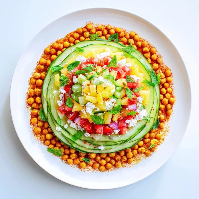 Show-stopping concentric rings of flavor dish; featuring spicy chickpeas, fresh herbs, and bright watermelon.