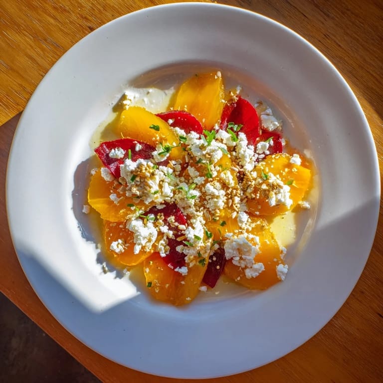 A gorgeous close-up shows a visually stunning Radial Symmetry Sunburst salad with creamy goat cheese at its heart.