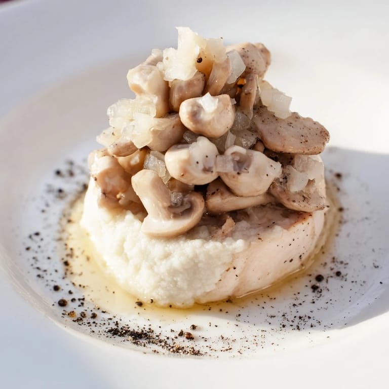A close-up shows this elegant Ghostly Gala: white chicken, mushrooms, with cracked pepper shadows.
