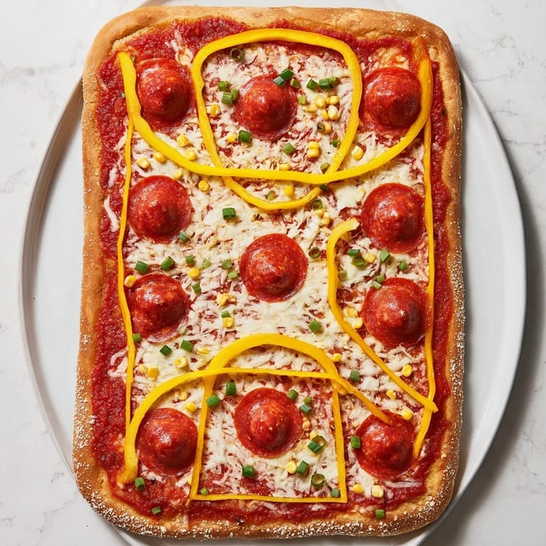 Freshly baked Basketball Court Pizza with vibrant bell peppers and olives, ready to be sliced and served.