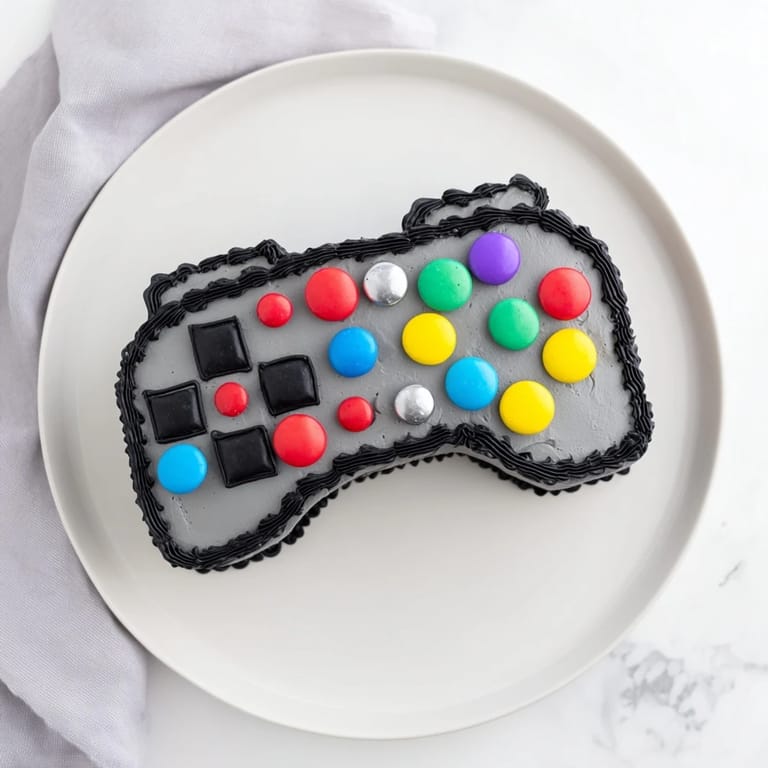This Pixel Perfect Video Game Controller Board cake shows a delicious, sweet dessert with vibrant colors and joyful design.