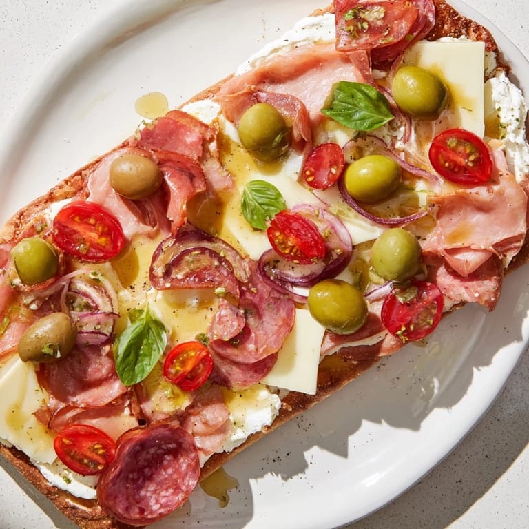 A close-up of The Rustic Raft: various meats and cheeses arranged on warm flatbread.