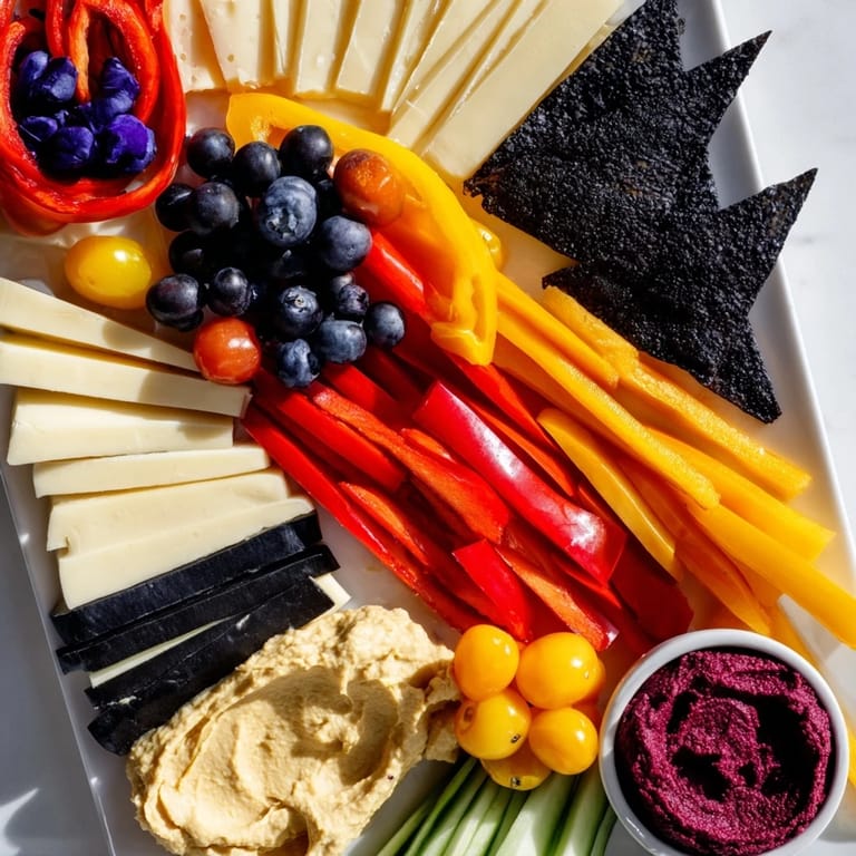 A gorgeous zig-zag Lightning Strike arrangement with colorful veggies and cheeses perfect for entertaining guests.