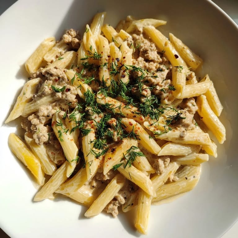 A close-up shot of a plate of Turkish Pasta with Ground Turkey: an appetizing and flavorful meal.