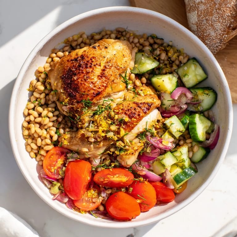 Imagine a bowl of Dense Bean Salad with Lemon-Dill Chicken, tossed with a zesty lemon dressing, ready to enjoy.