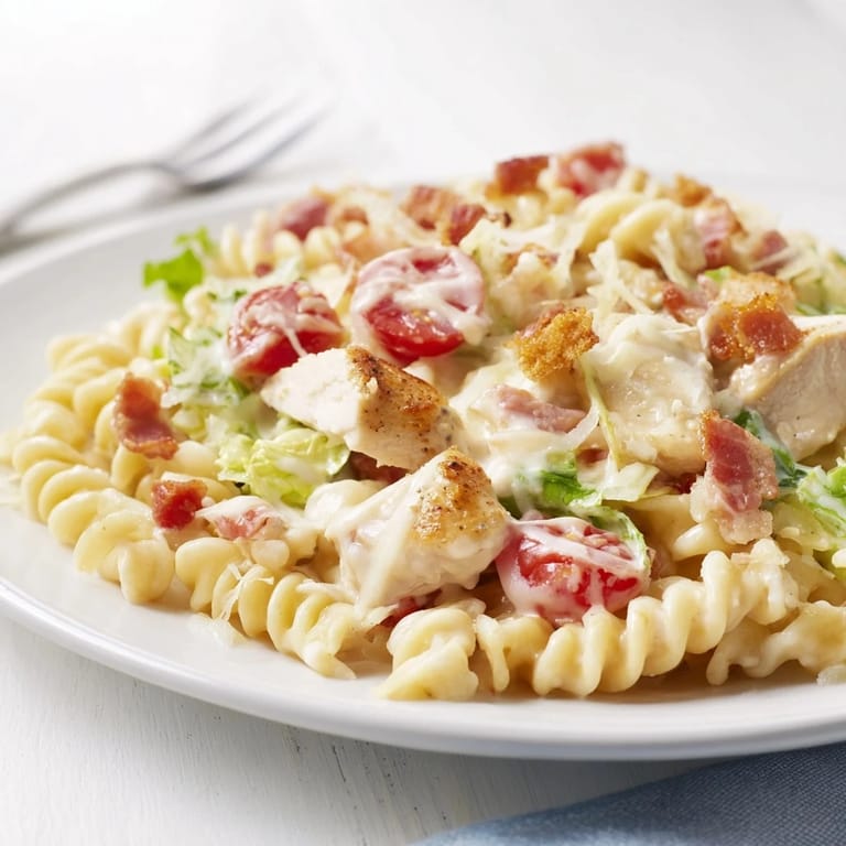 This Chicken Caesar Pasta Salad features tender chicken, juicy tomatoes, and a flavorful Caesar dressing.